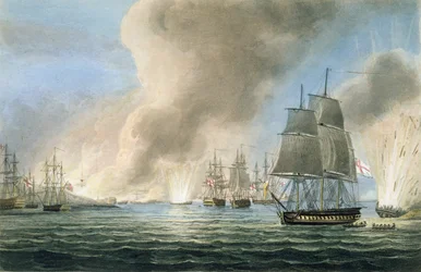 Zniszczenie floty tureckiej, 19 lutego 1807, rytowane przez T. Sutherlanda do The Naval Chronology of Great Britain J. Ralfe